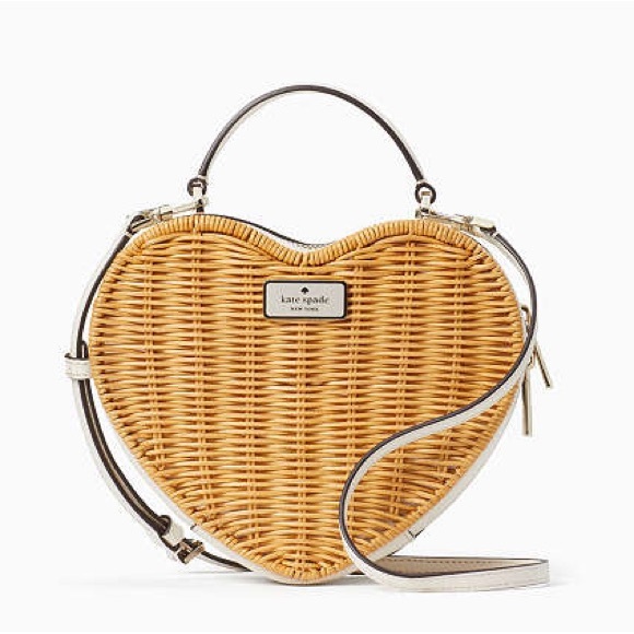 KATE SPADE Tan Wicker White Leather Heart Shaped Love Shack Woven Crossbody Bag - Picture 5 of 17